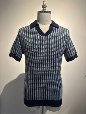 Primark Navy and Light Blue Short-Sleeve Knit Polo